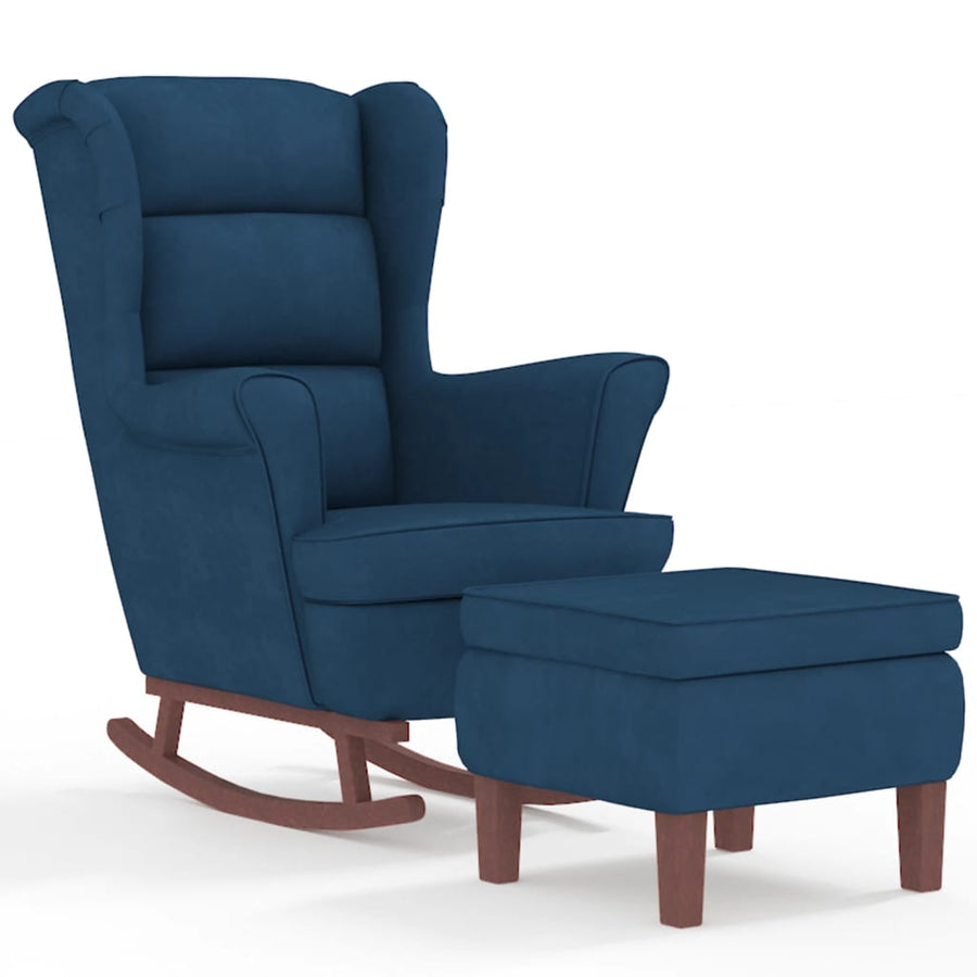Schommelstoel Met Houten Poten En Voetenbank Fluweel Blauw Met voetensteun