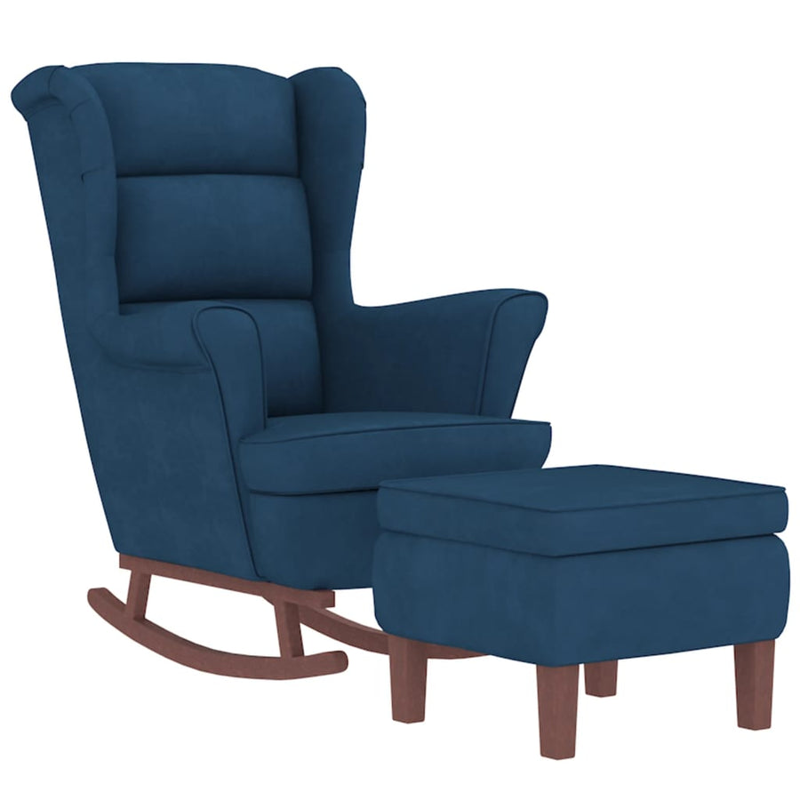 Schommelstoel Met Houten Poten En Voetenbank Fluweel Blauw Met voetensteun