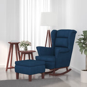 Schommelstoel fluweel massief hout blauw met voetenbank