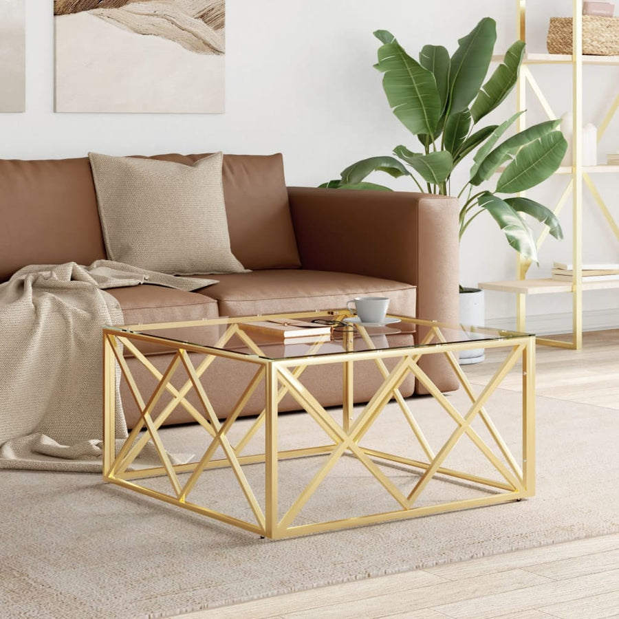 Salontafel 80X80X40 Cm Roestvrij Staal En Goud Glas