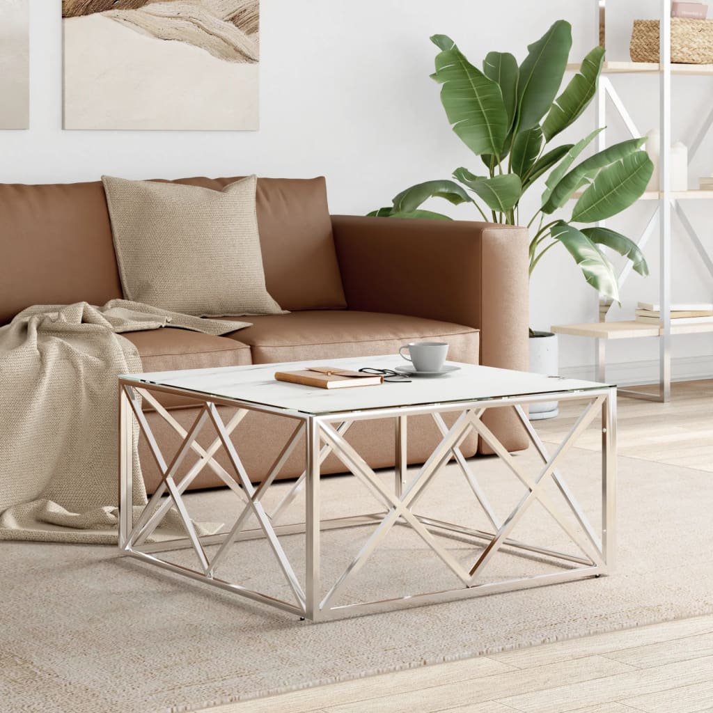 Salontafel 80X80X40 Cm Roestvrij Staal En Kleurig Zilver en wit Glas