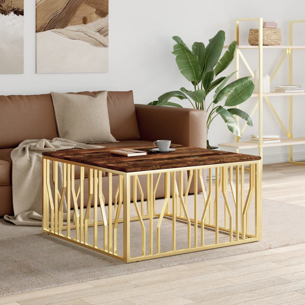 Salontafel Roestvrijstaal En Massief Gerecycled Kleur Goud Hout