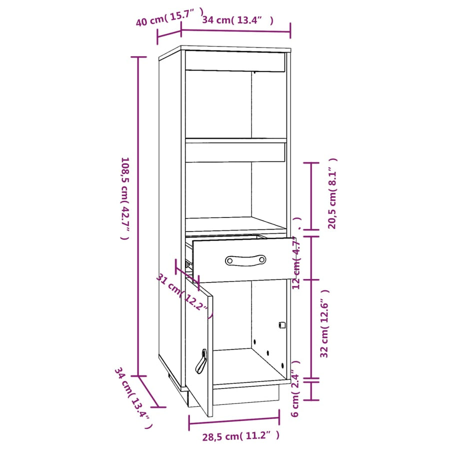 Hoge Kast 34X40X108,5 Cm Massief Grenenhout Grijs