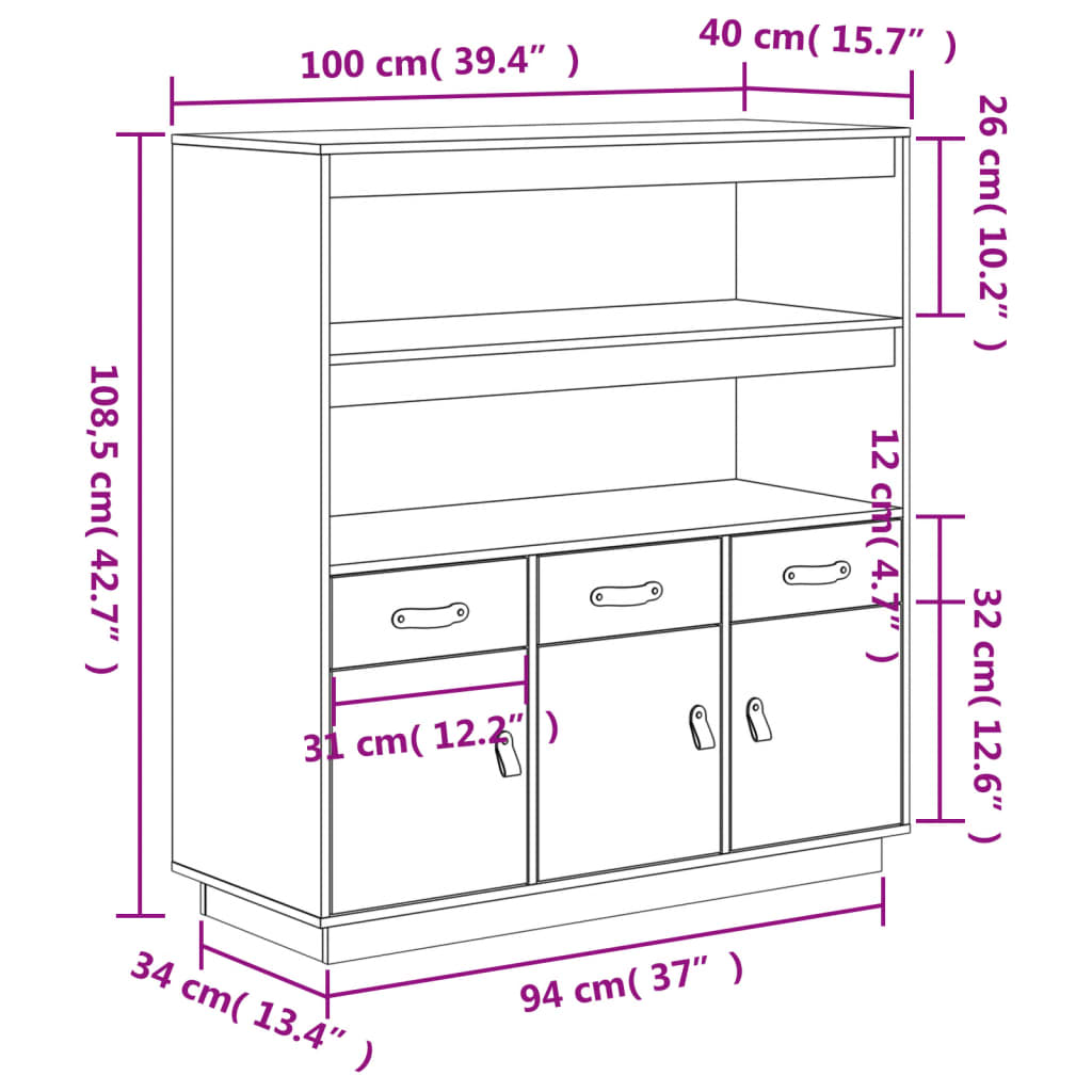 Hoge kast 100x40x108,5 cm massief grenenhout wit