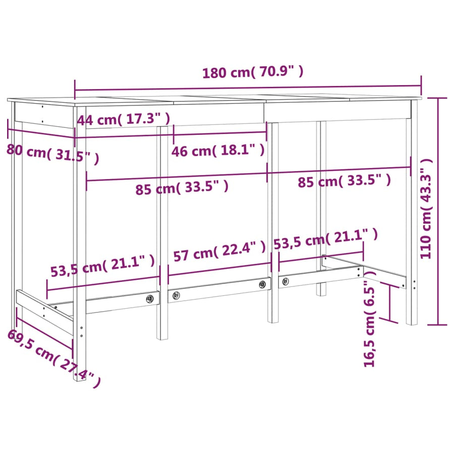 Bartafel 180X80X110 Cm Massief Grenenhout Wit