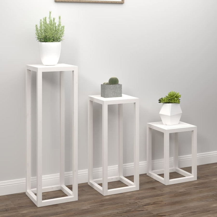 3-delige Plantenstandaardset massief grenenhout wit Wit