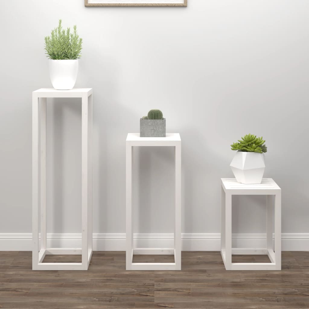 3-delige Plantenstandaardset massief grenenhout wit Wit