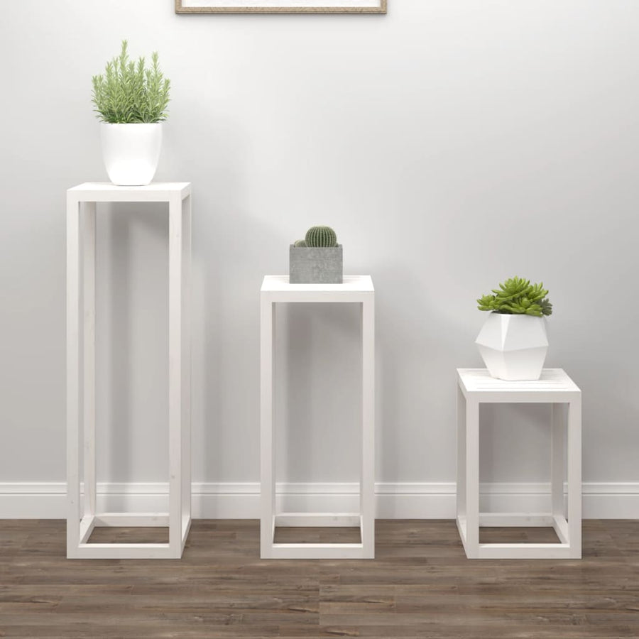 3-delige Plantenstandaardset massief grenenhout wit Wit
