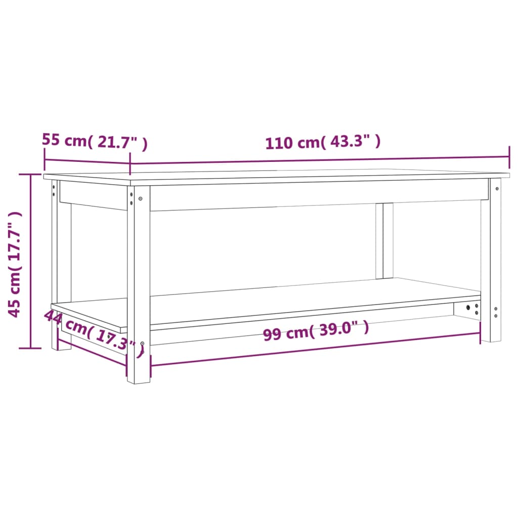 Salontafel 110X55X45 Cm Massief Grenenhout Wit 110 x 55 x 45 cm