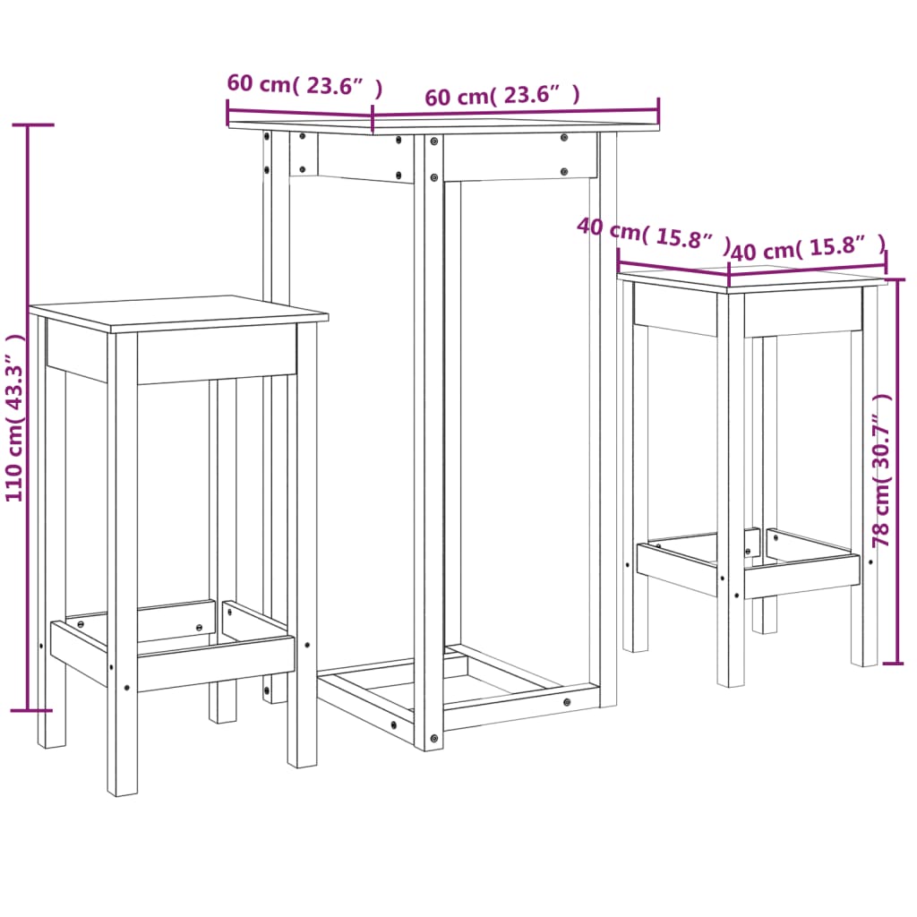3-Delige Barset Massief Grenenhout Wit