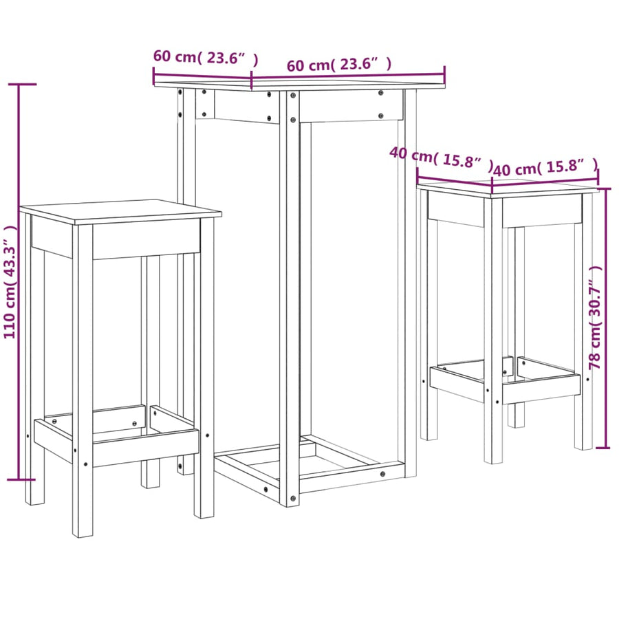 3-Delige Barset Massief Grenenhout Wit