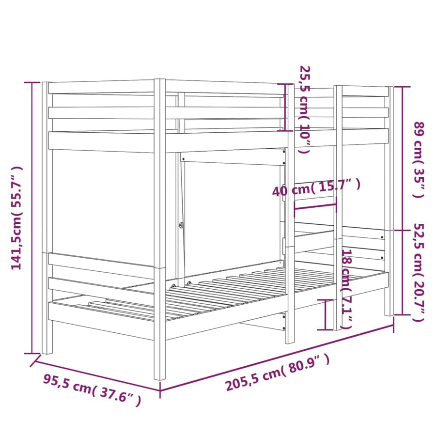 Stapelbed massief grenenhout wit 90x200 cm 90 x 200 cm Wit