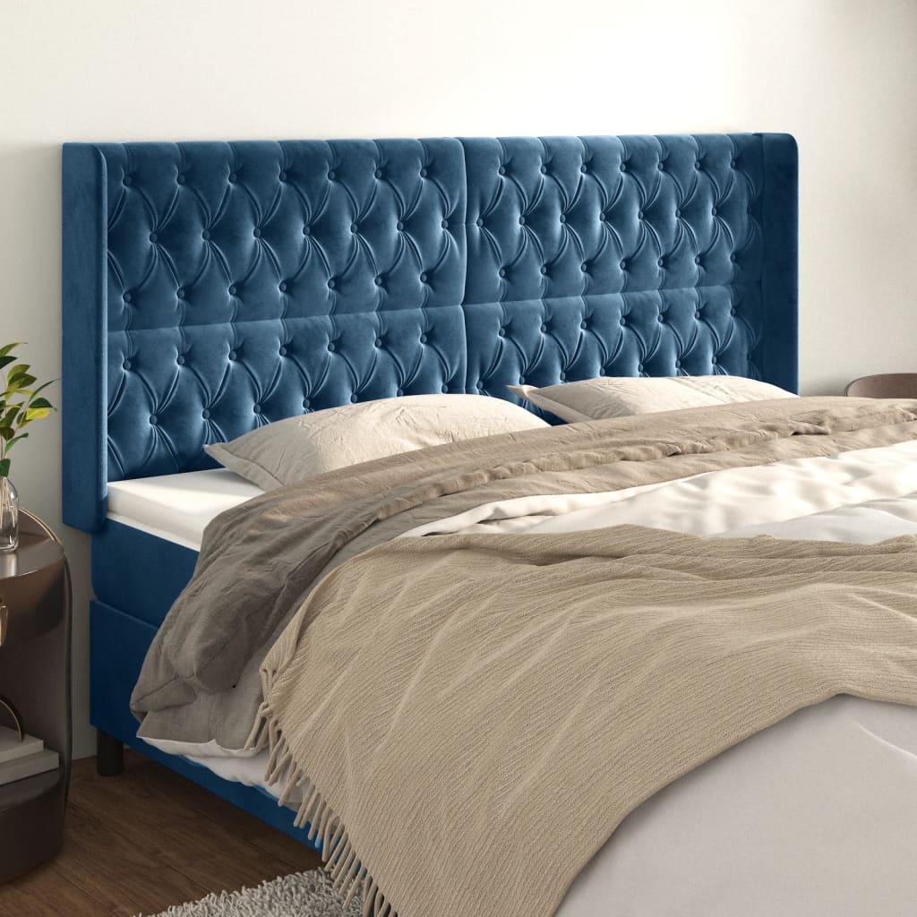 Hoofdbord met randen 183x16x118/128 cm fluweel donkerblauw