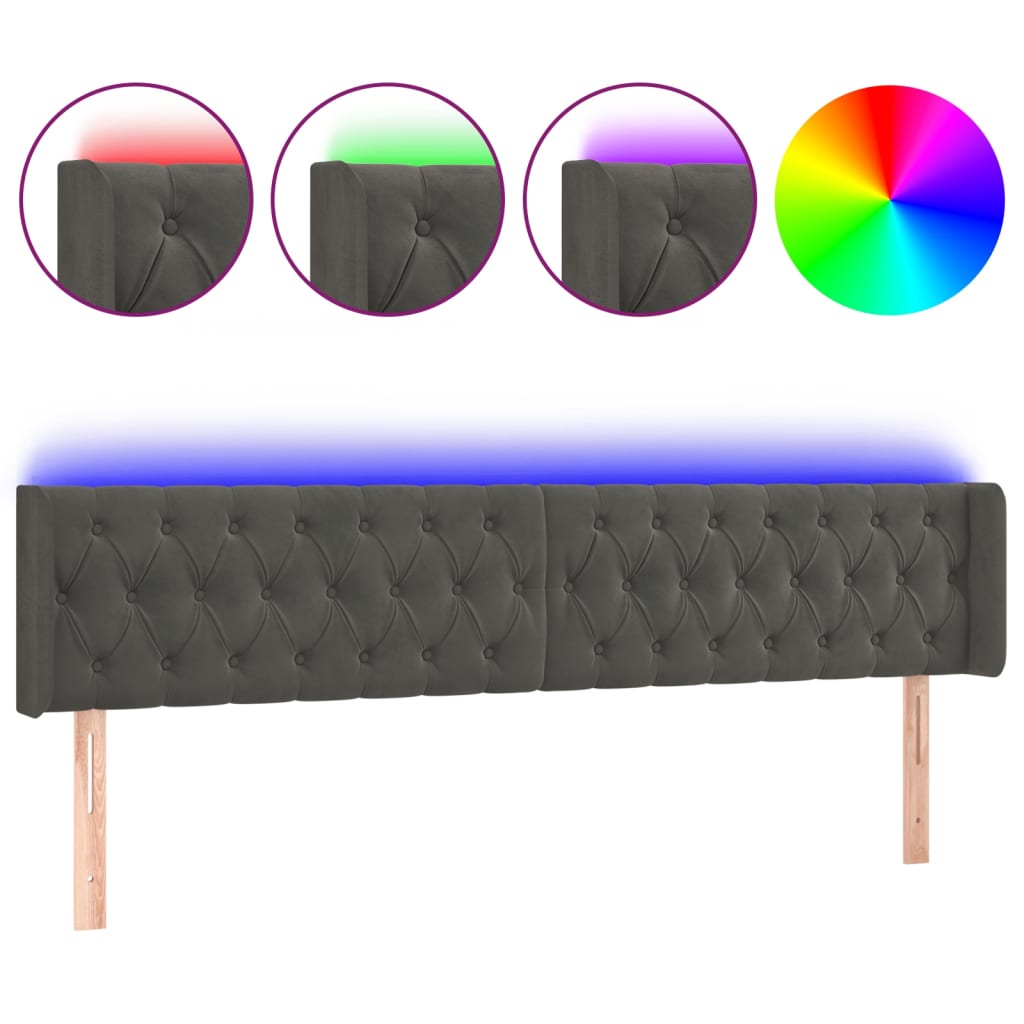 Hoofdbord Led Fluweel 183 x 16 x 78/88 cm Donkergrijs