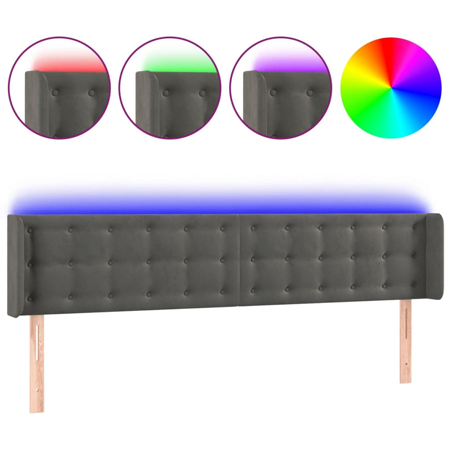 Hoofdbord Led Fluweel 183 x 16 x 78/88 cm Donkergrijs
