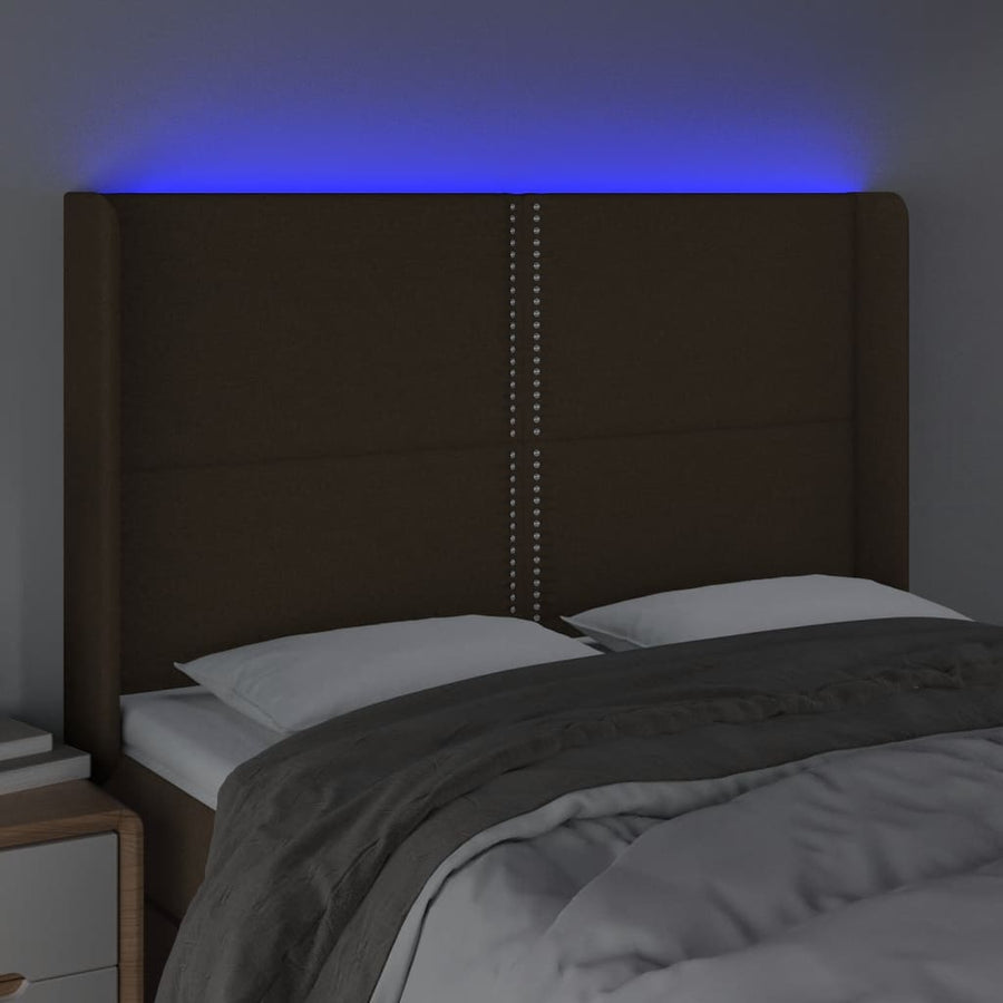 Hoofdbord LED 147x16x118/128 cm stof donkerbruin 147 x 16 x 118/128 cm