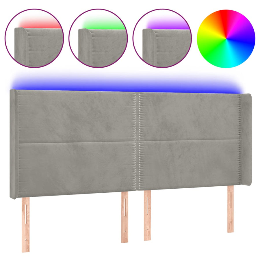 Hoofdbord LED 203x16x118/128 cm fluweel lichtgrijs 203 x 16 x 118/128 cm Lichtgrijs