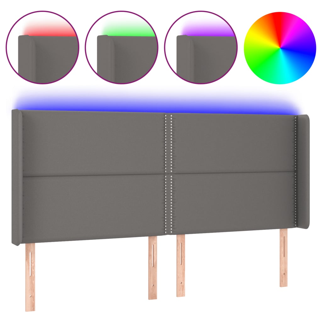 Hoofdbord LED 203x16x118/128 cm kunstleer grijs 203 x 16 x 118/128 cm Grijs