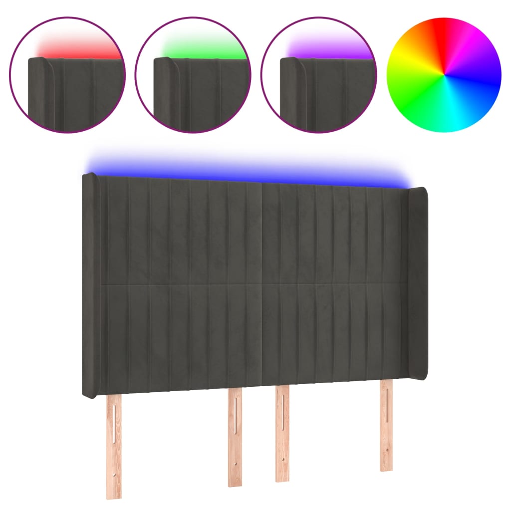 Hoofdbord Led Fluweel 147 x 16 x 118/128 cm Donkergrijs