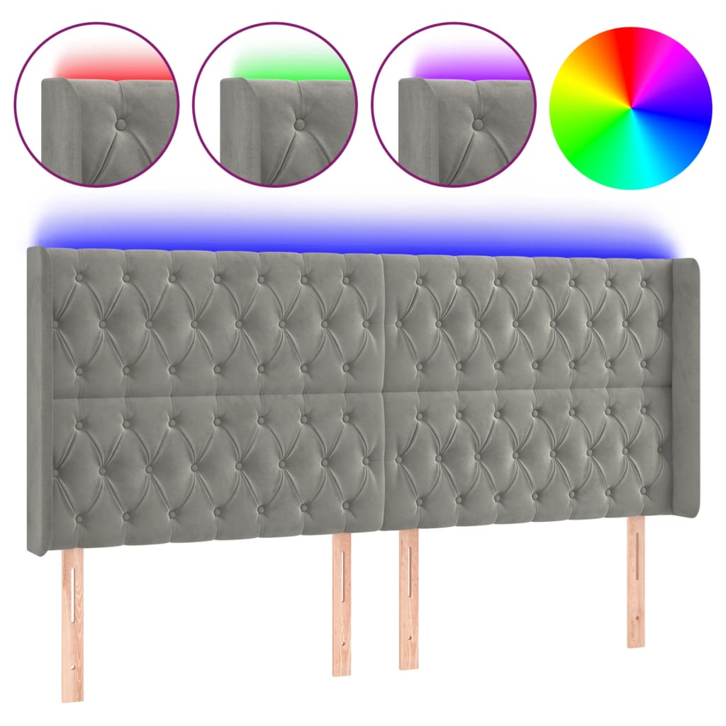 Hoofdbord Led Fluweel 203 x 16 x 118/128 cm Lichtgrijs