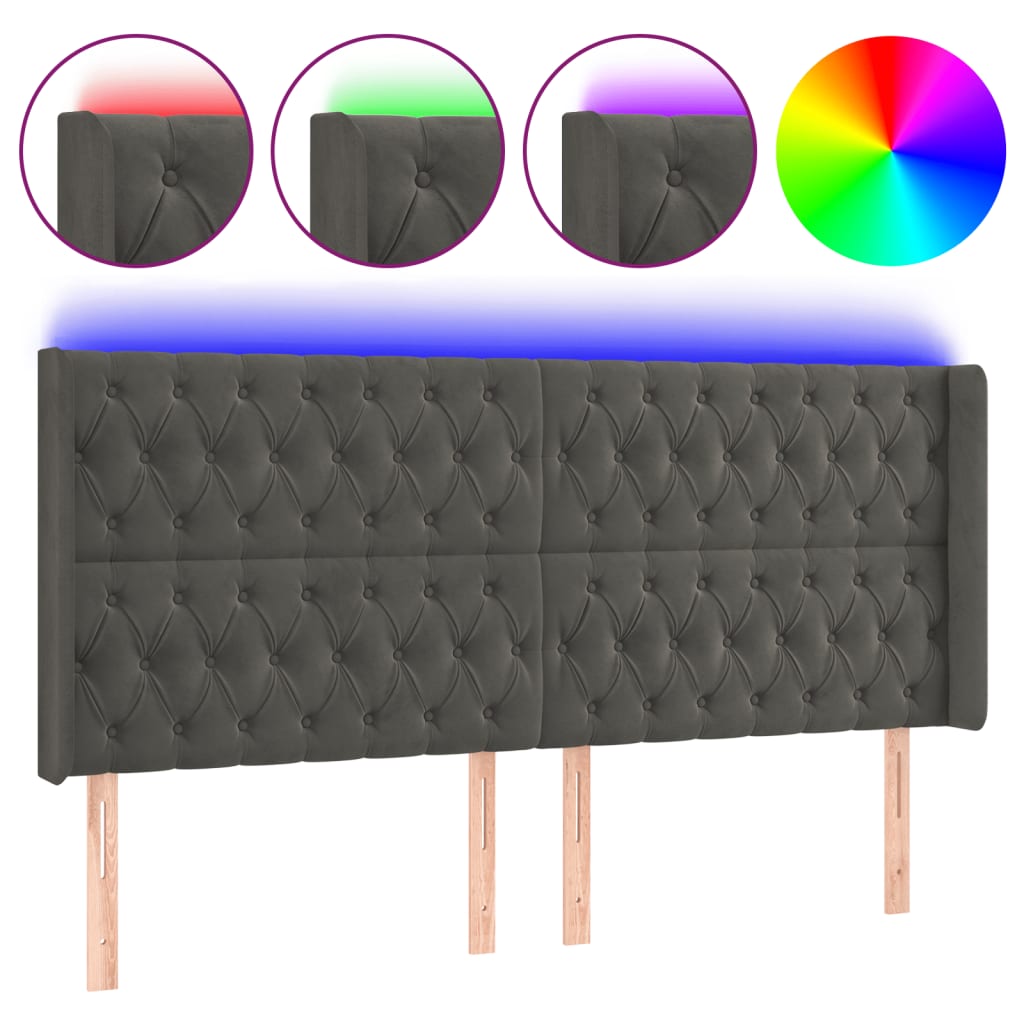 Hoofdbord Led Fluweel 203 x 16 x 118/128 cm Donkergrijs