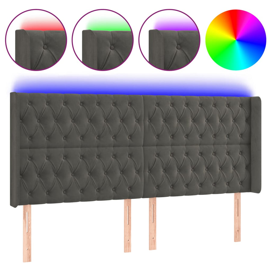 Hoofdbord Led Fluweel 203 x 16 x 118/128 cm Donkergrijs