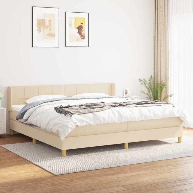 Boxspring met matras stof crèmekleurig 200x200 cm 200 x 200 cm Blok met vierkanten