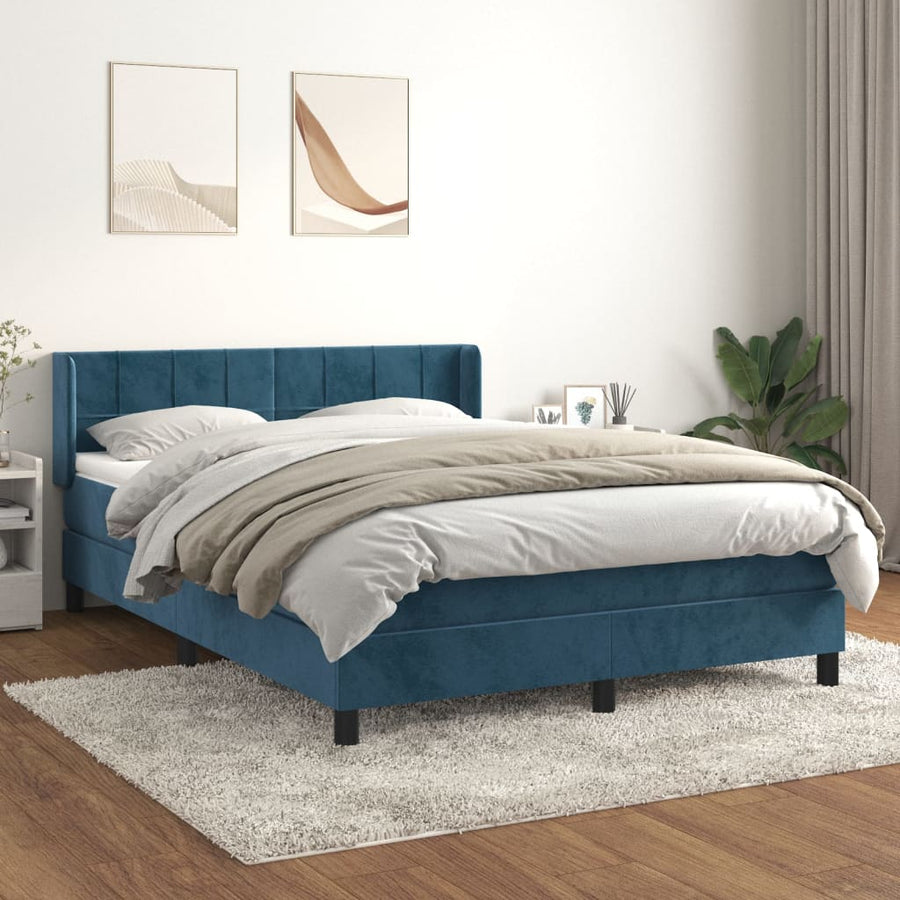 Boxspring Met Matras Fluweel Donkerblauw 140 x 190 cm Blok met vierkanten