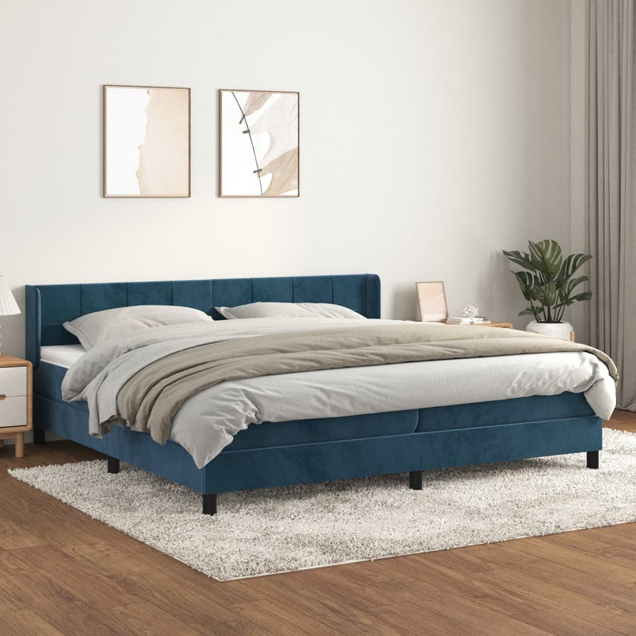 Boxspring Met Matras Fluweel Donkerblauw 200 x 200 cm Blok met vierkanten