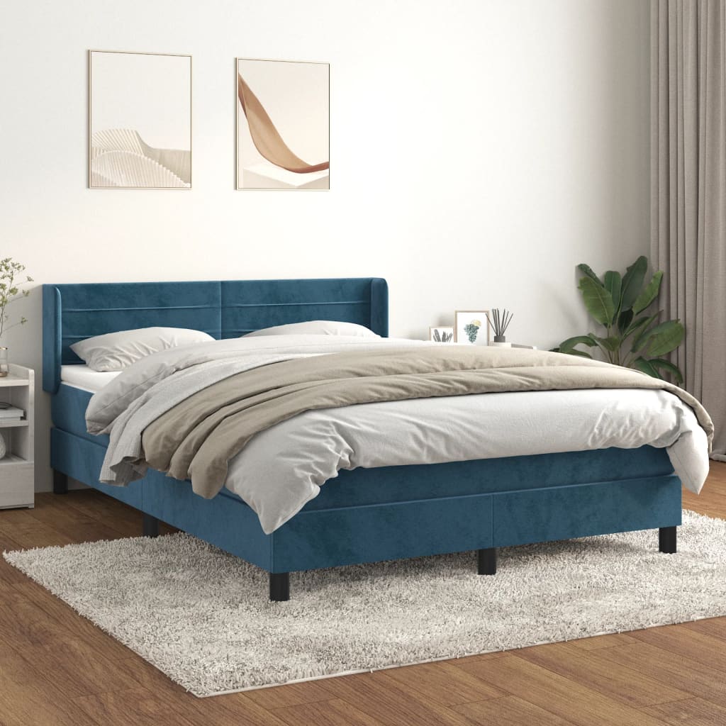 Boxspring Met Matras Fluweel Donkerblauw 140 x 200 cm Horizontale strepen