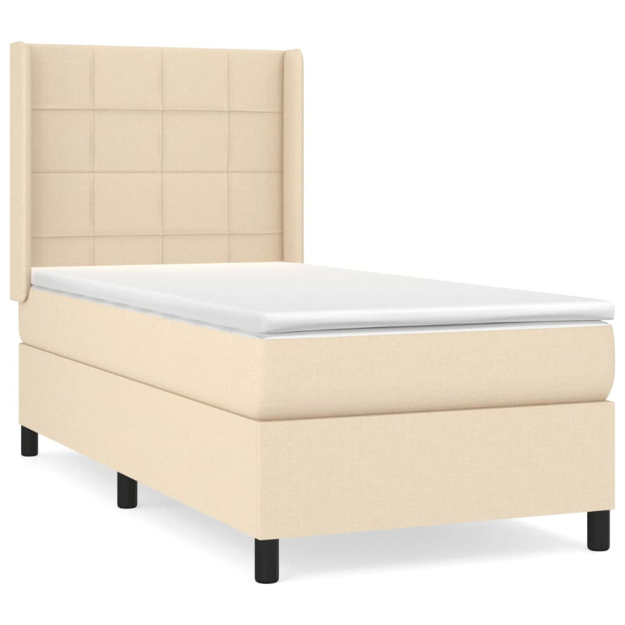 Boxspring met matras stof crèmekleurig 90x190 cm 90 x 190 cm Blok met vierkanten