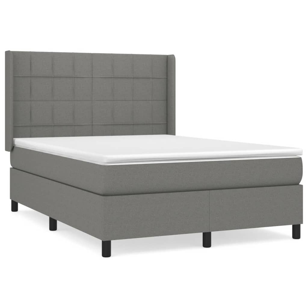 Boxspring Met Matras Stof Donkergrijs 140 x 190 cm Blok met vierkanten