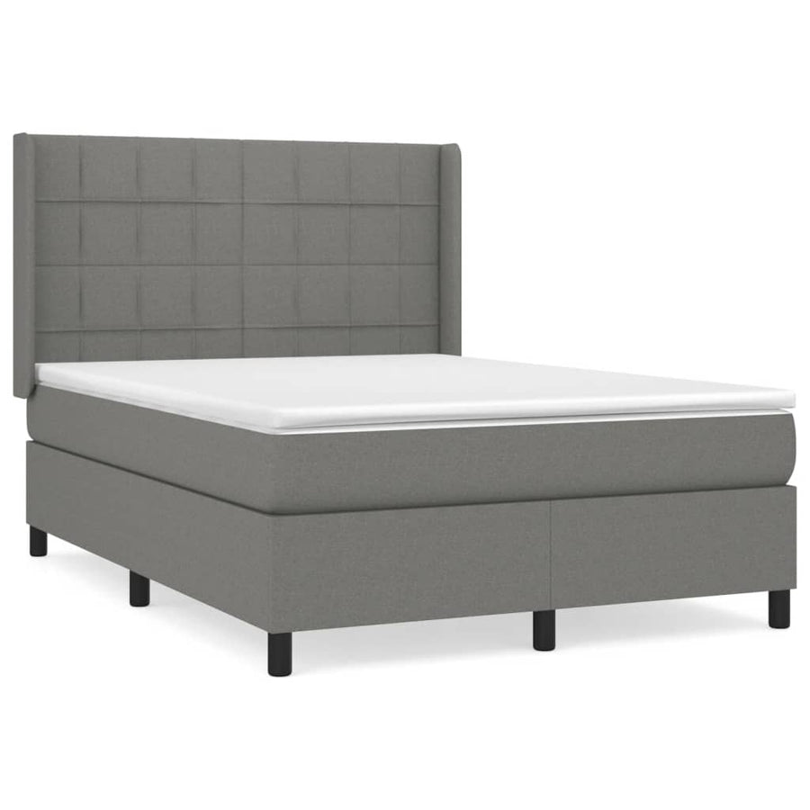 Boxspring Met Matras Stof Donkergrijs 140 x 190 cm Blok met vierkanten