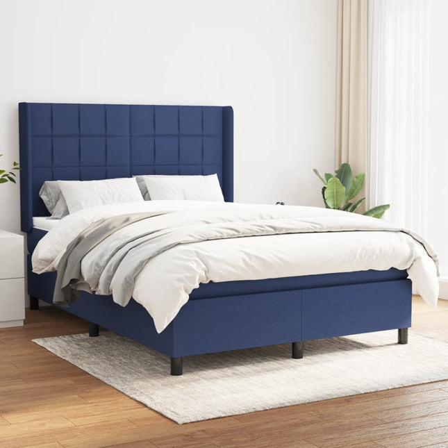 Boxspring Met Matras Stof Blauw 140 x 190 cm Blok met vierkanten