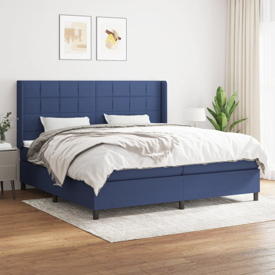 Boxspring Met Matras Stof Blauw 200 x 200 cm Blok met vierkanten