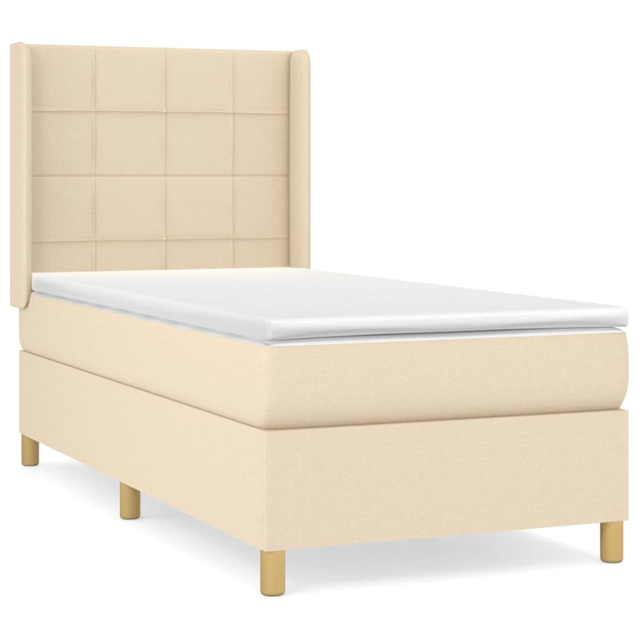 Boxspring met matras stof crèmekleurig 90x190 cm 90 x 190 cm Blok met vierkanten