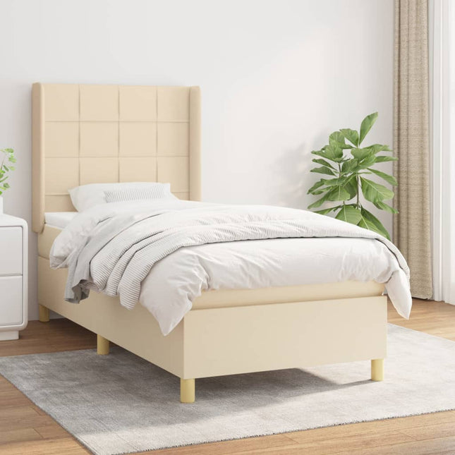 Boxspring met matras stof crèmekleurig 90x190 cm 90 x 190 cm Blok met vierkanten