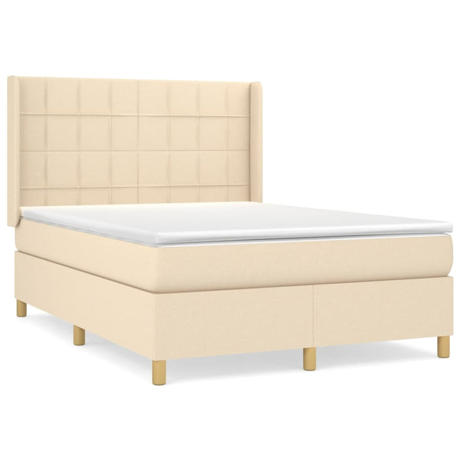 Boxspring met matras stof crèmekleurig 140x200 cm 140 x 200 cm Blok met vierkanten