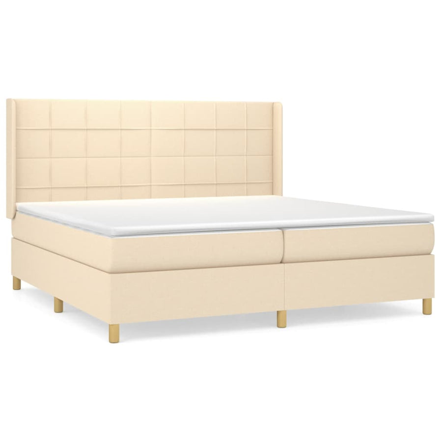 Boxspring met matras stof crèmekleurig 200x200 cm 200 x 200 cm Blok met vierkanten