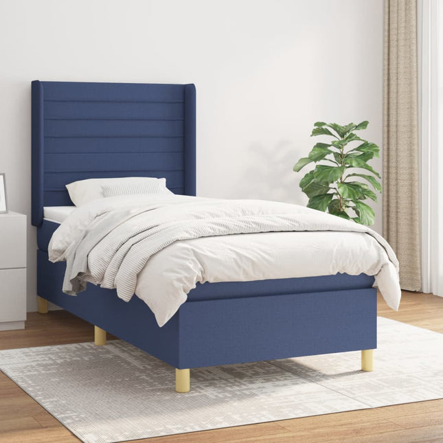 Boxspring Met Matras Stof Blauw 90X190 Cm Blauw 90 x 190 cm Horizontale strepen