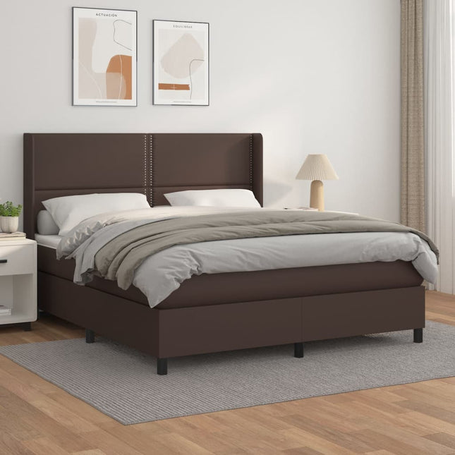 Boxspring met matras kunstleer bruin 180x200 cm 180 x 200 cm Bruin Effen met spijkers