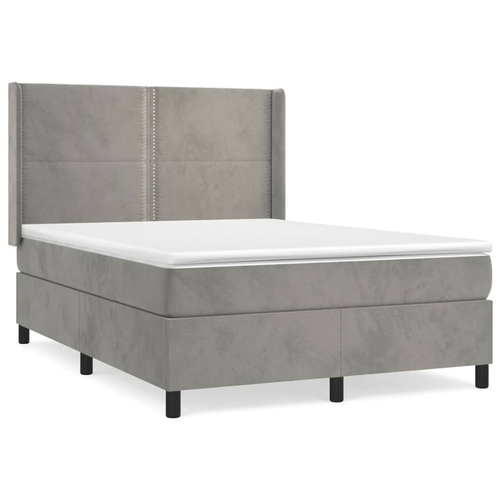 Boxspring Met Matras Fluweel Lichtgrijs 140 x 190 cm Effen met spijkers