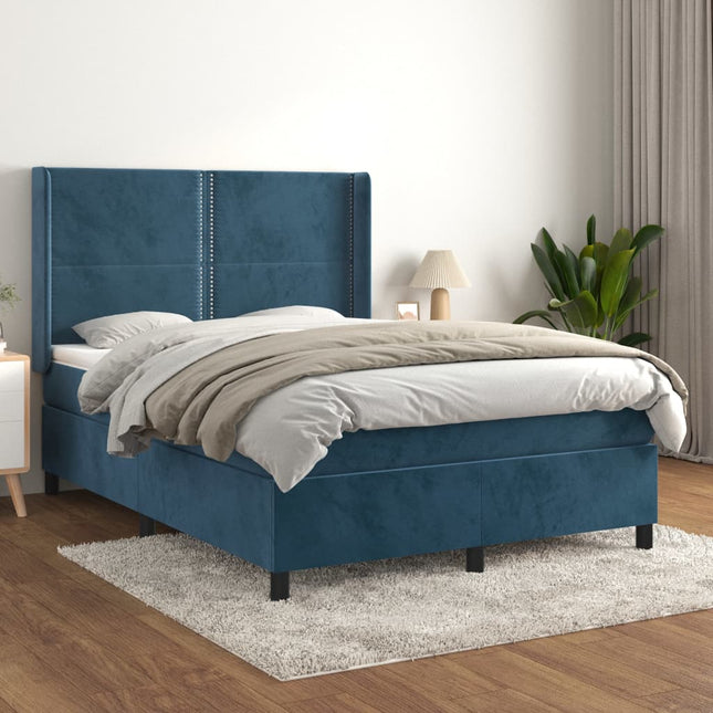 Boxspring Met Matras Fluweel Donkerblauw 140 x 190 cm Effen met spijkers