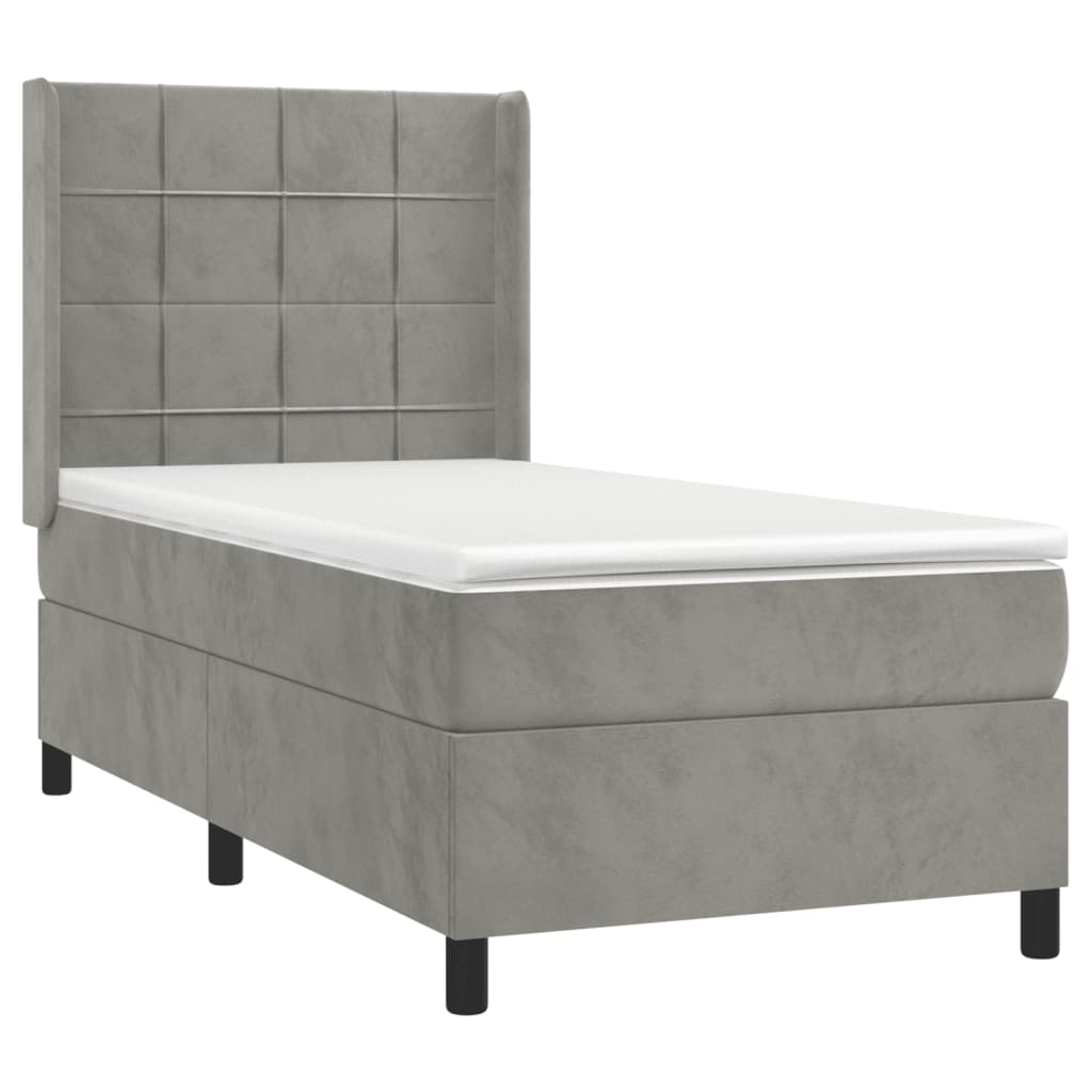 Boxspring Met Matras Fluweel Lichtgrijs 90 x 190 cm Blok met vierkanten