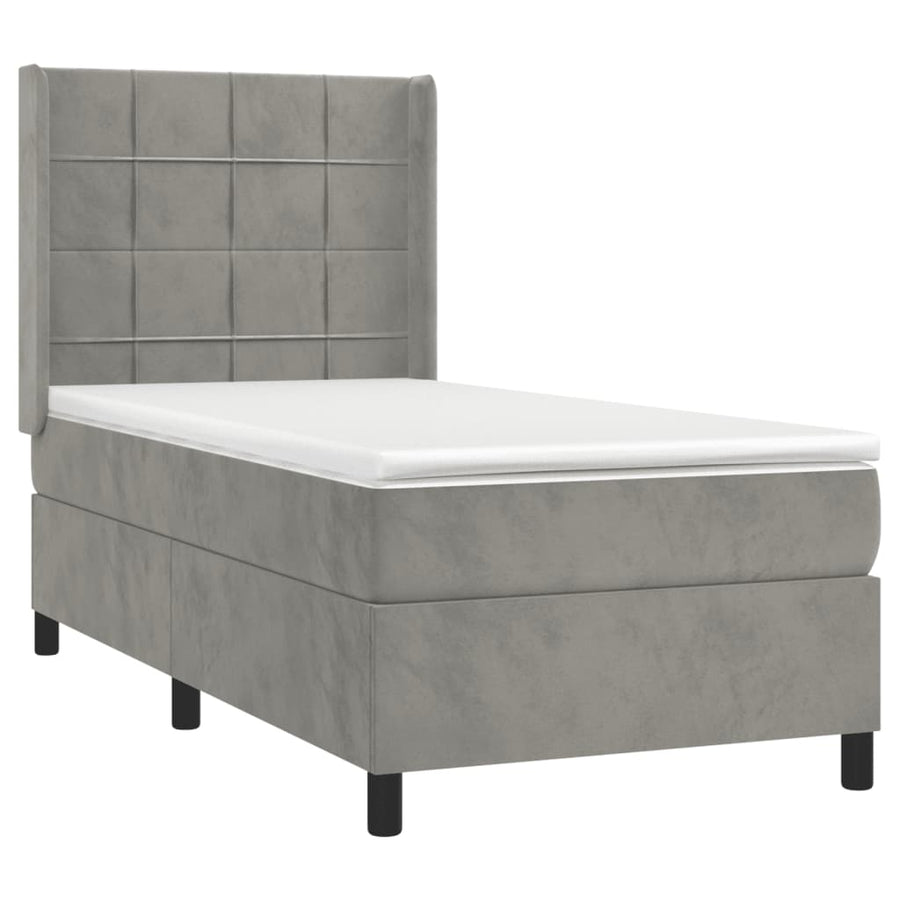 Boxspring Met Matras Fluweel Lichtgrijs 90 x 190 cm Blok met vierkanten