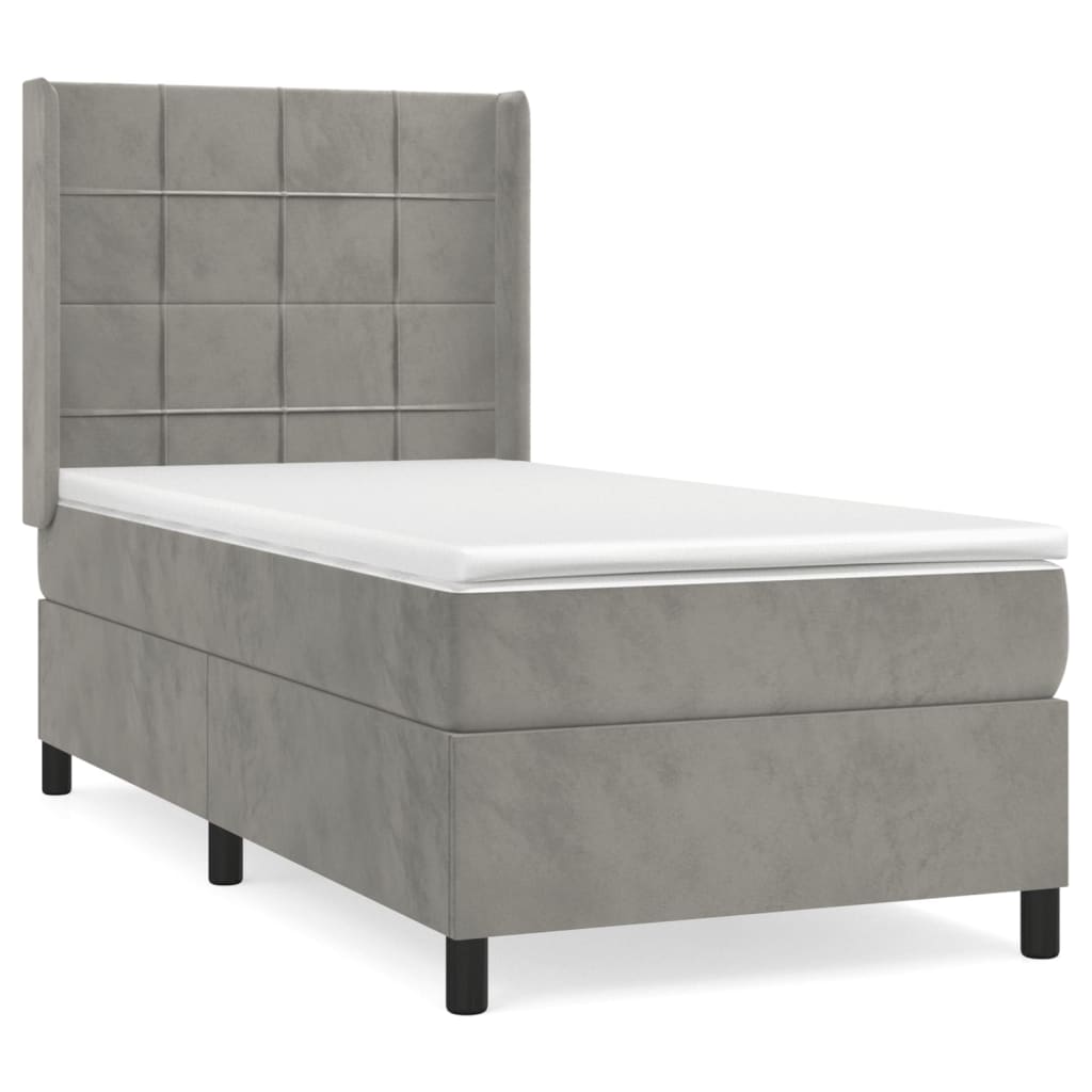 Boxspring Met Matras Fluweel Lichtgrijs 90 x 200 cm Blok met vierkanten
