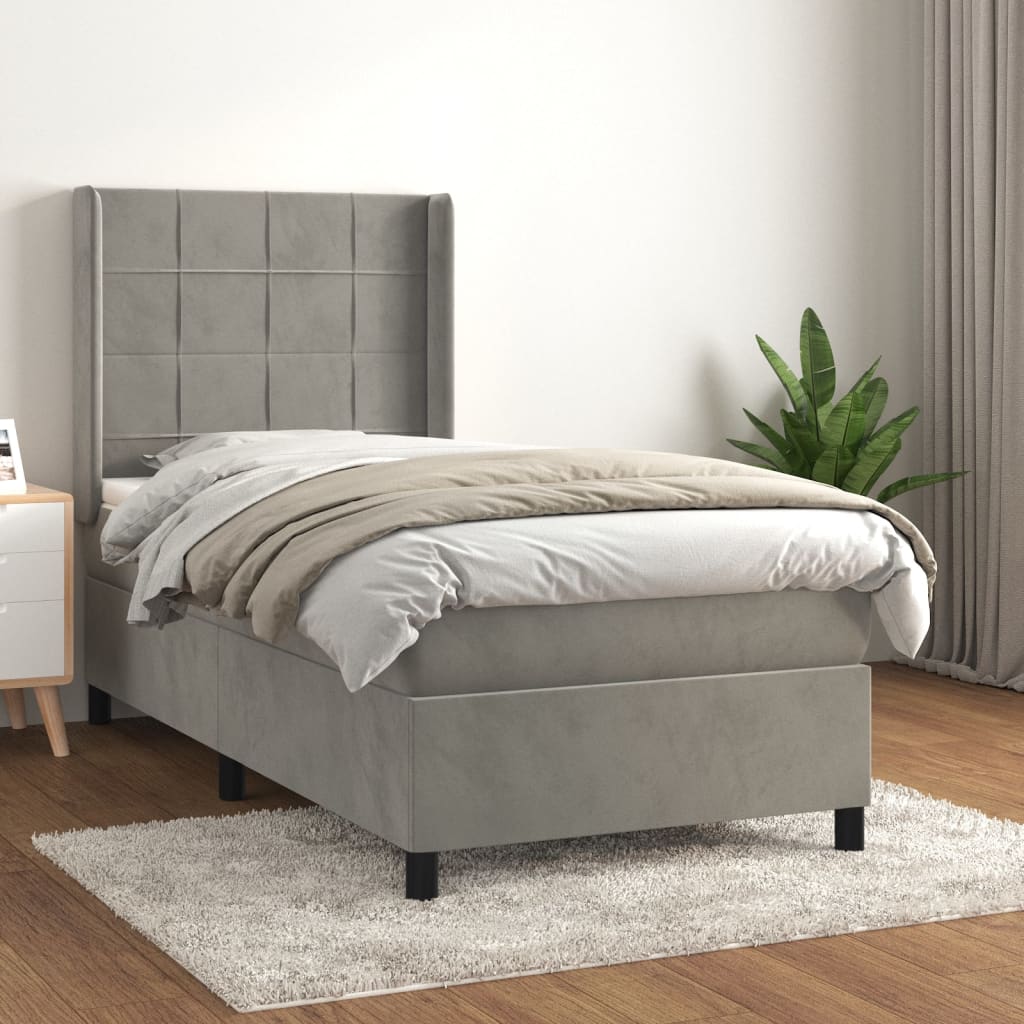 Boxspring Met Matras Fluweel Lichtgrijs 90 x 200 cm Blok met vierkanten