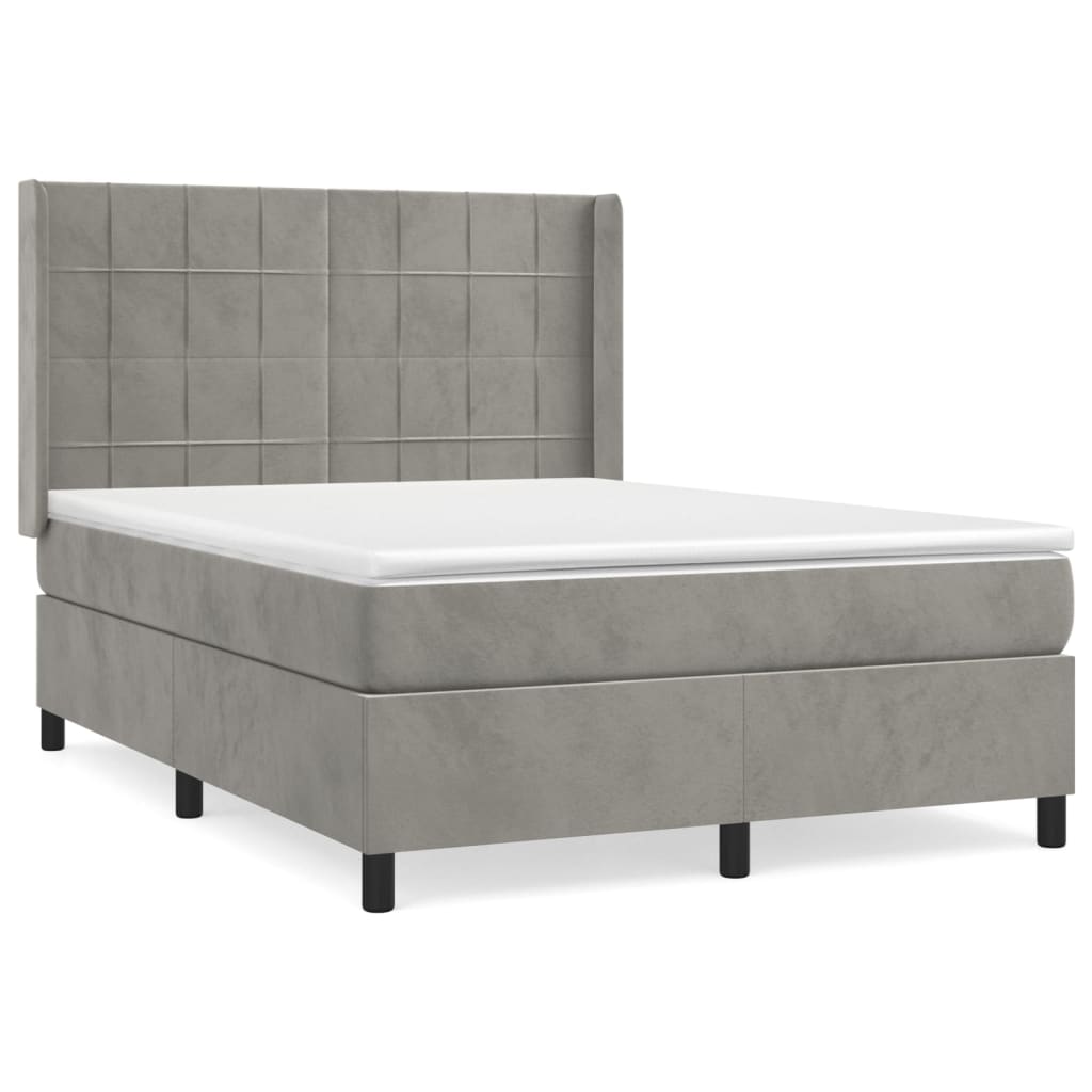 Boxspring Met Matras Fluweel Lichtgrijs 140 x 200 cm Blok met vierkanten