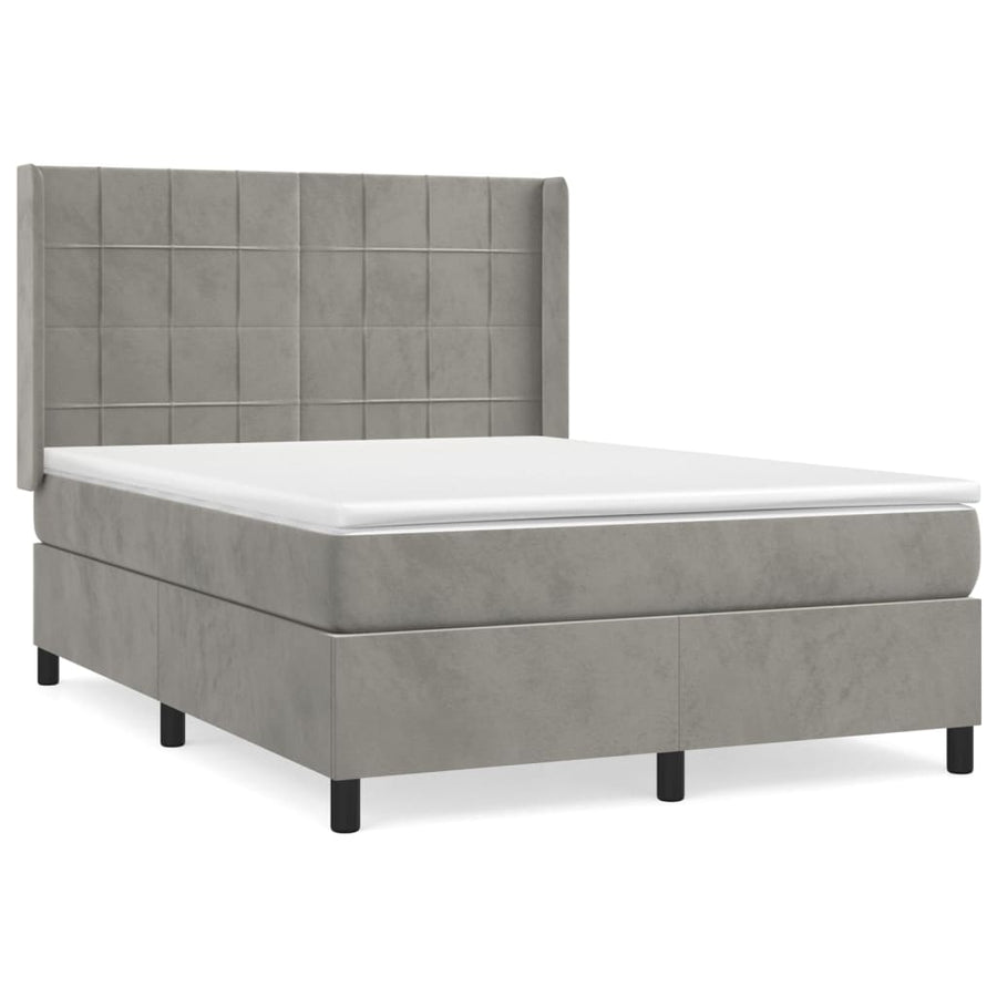 Boxspring Met Matras Fluweel Lichtgrijs 140 x 200 cm Blok met vierkanten