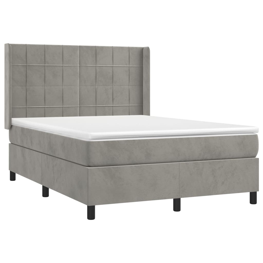 Boxspring Met Matras Fluweel Lichtgrijs 140 x 200 cm Blok met vierkanten